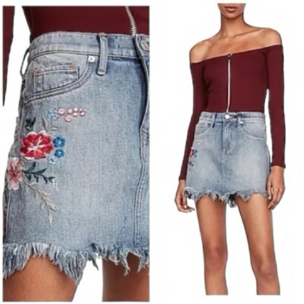 Floral Embroidered Blue Denim Mini Skirt